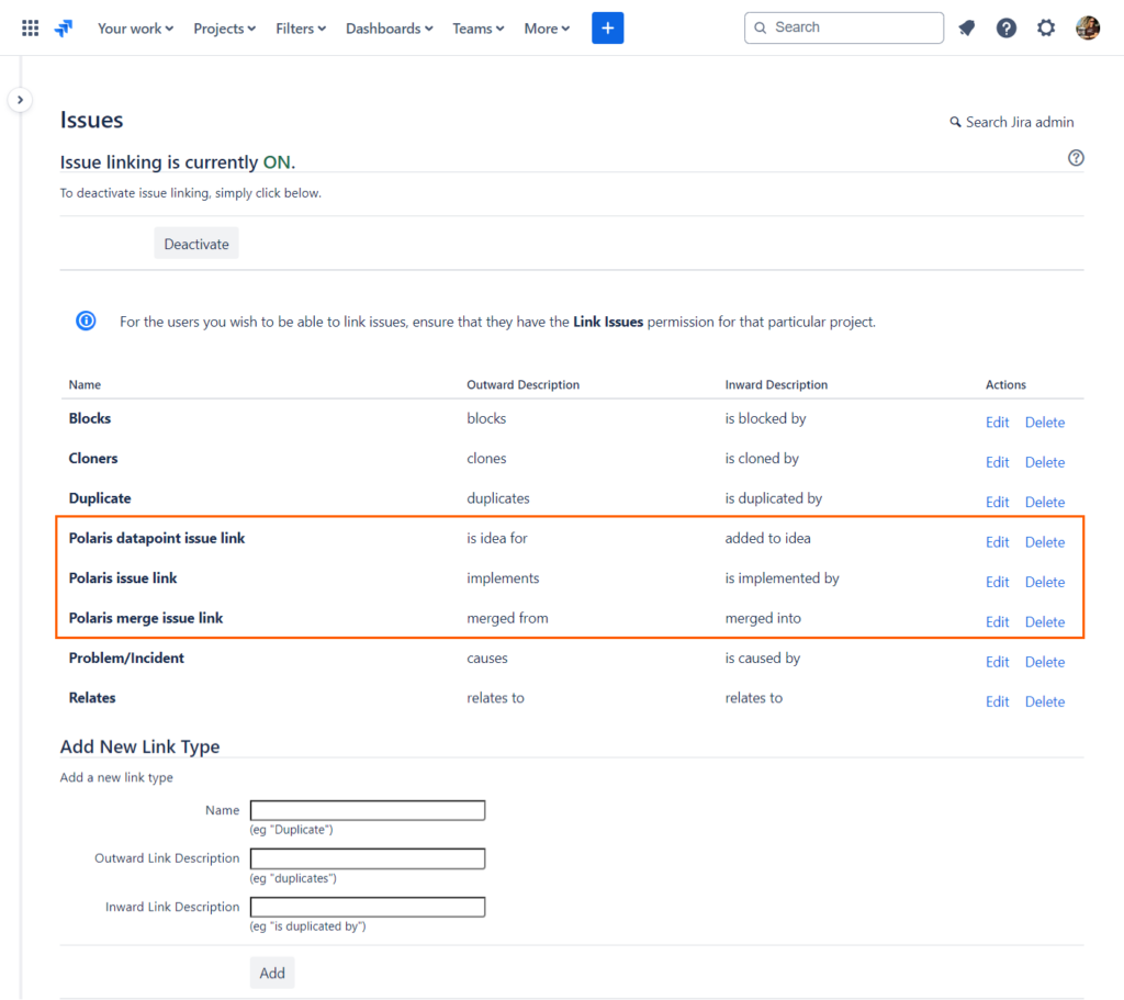 Global link types created for Jira Product Discovery projects